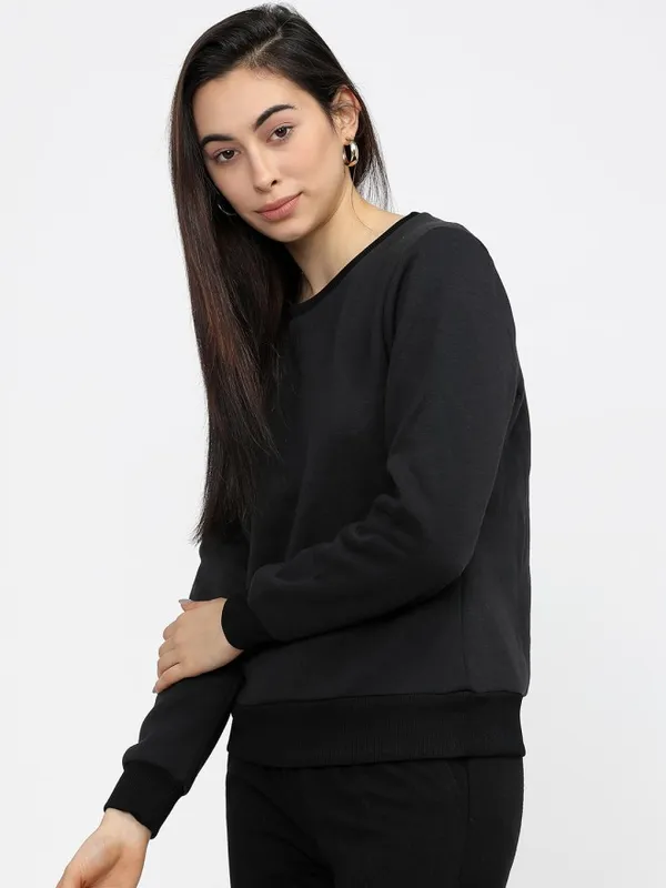 Tokyo Talkies Women Black Solid Pullover Round Neck Sweatshirt