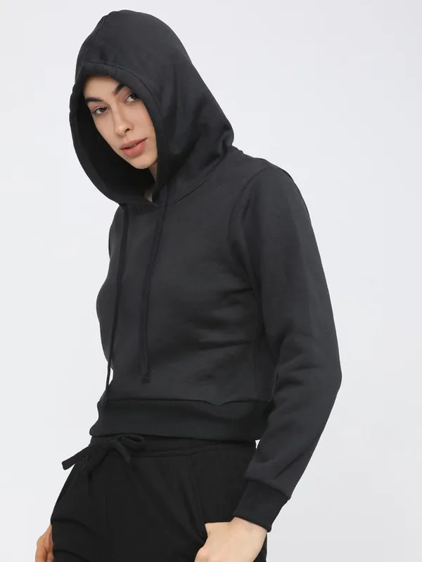 Tokyo Talkies Women Black Solid Pullover Hood Sweatshirt
