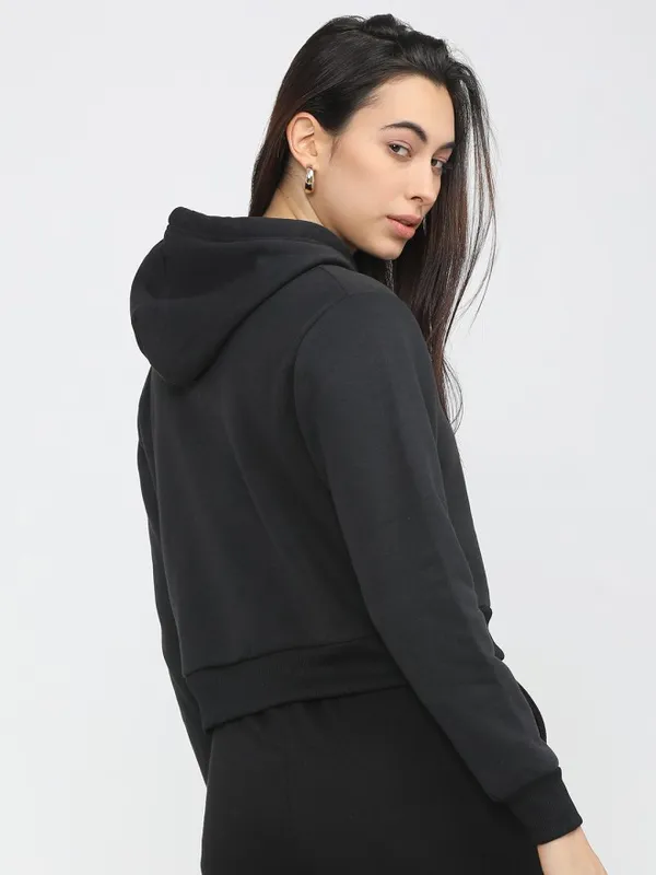 Tokyo Talkies Women Black Solid Pullover Hood Sweatshirt