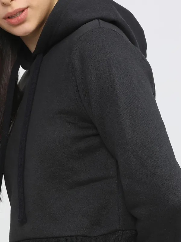 Tokyo Talkies Women Black Solid Pullover Hood Sweatshirt