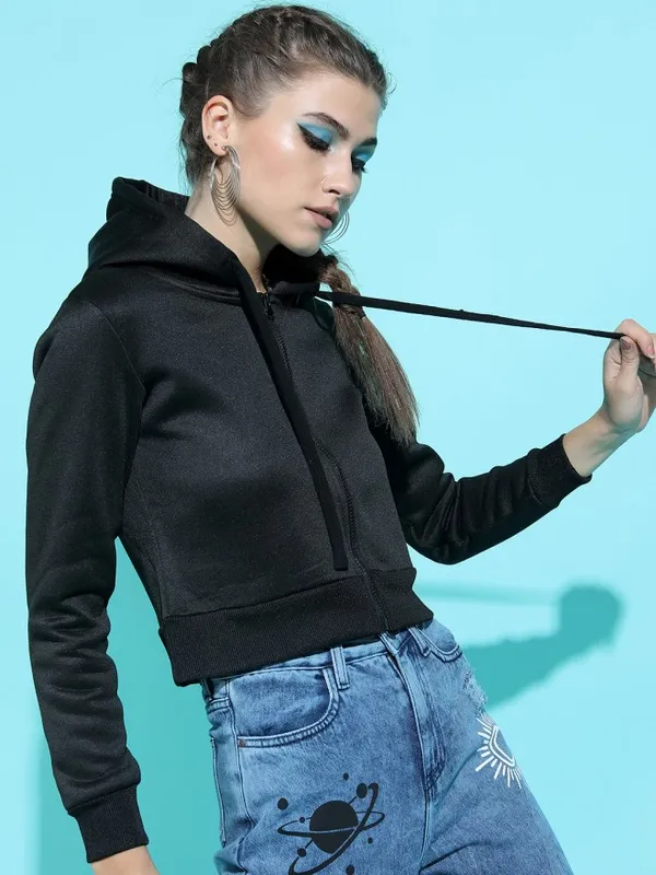Tokyo Talkies Women Black Solid Front Open Hood Sweatshirt