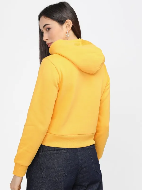 Tokyo Talkies Women Yellow Solid Pullover Hood Sweatshirt