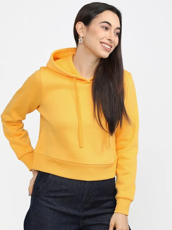 Tokyo Talkies Women Yellow Solid Pullover Hood Sweatshirt