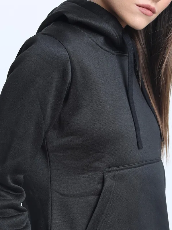 Tokyo Talkies Women Black Solid Pullover Hood Sweatshirt