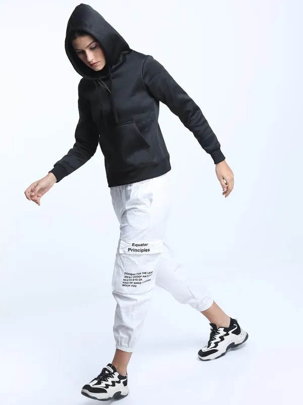 Tokyo Talkies Women Black Solid Pullover Hood Sweatshirt