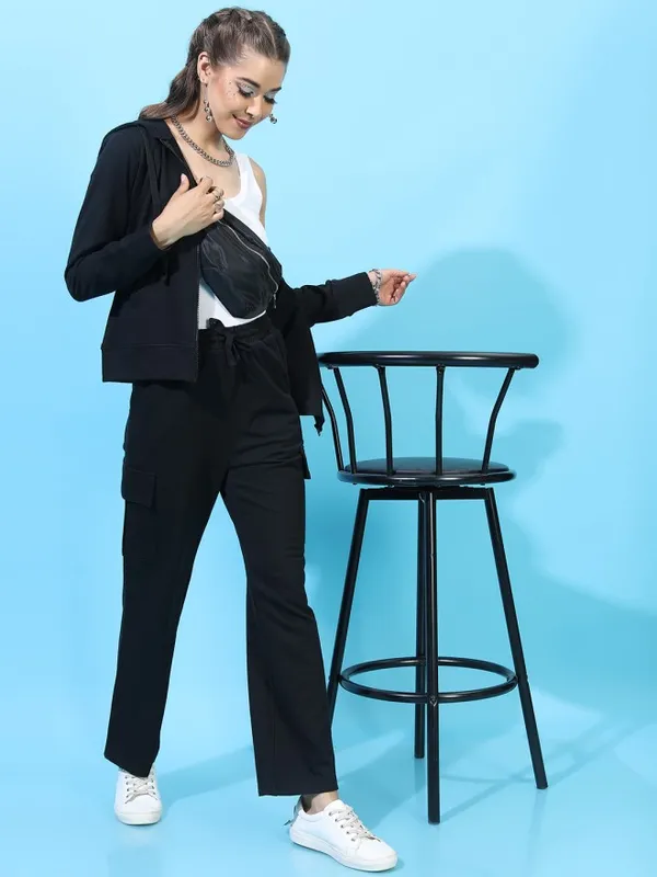 Tokyo Talkies Women Black Solid Front Open Hood Sweatshirt