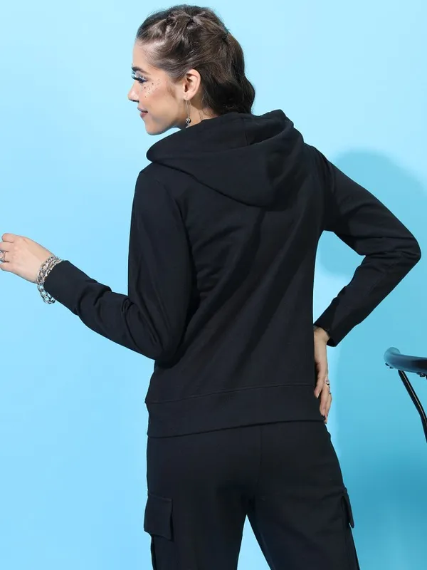 Tokyo Talkies Women Black Solid Front Open Hood Sweatshirt