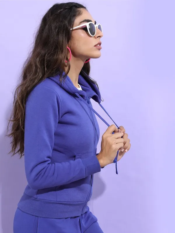 Tokyo Talkies Women Blue Solid Front Open Hood Sweatshirt