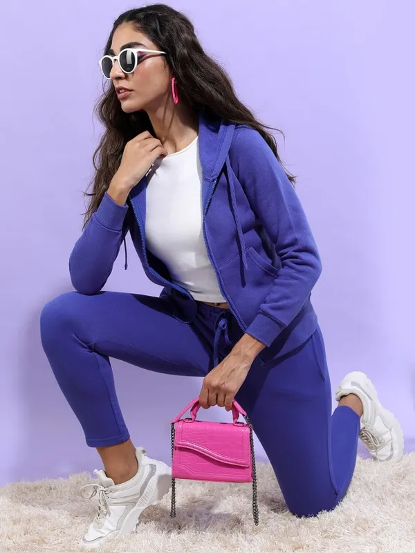 Tokyo Talkies Women Blue Solid Front Open Hood Sweatshirt