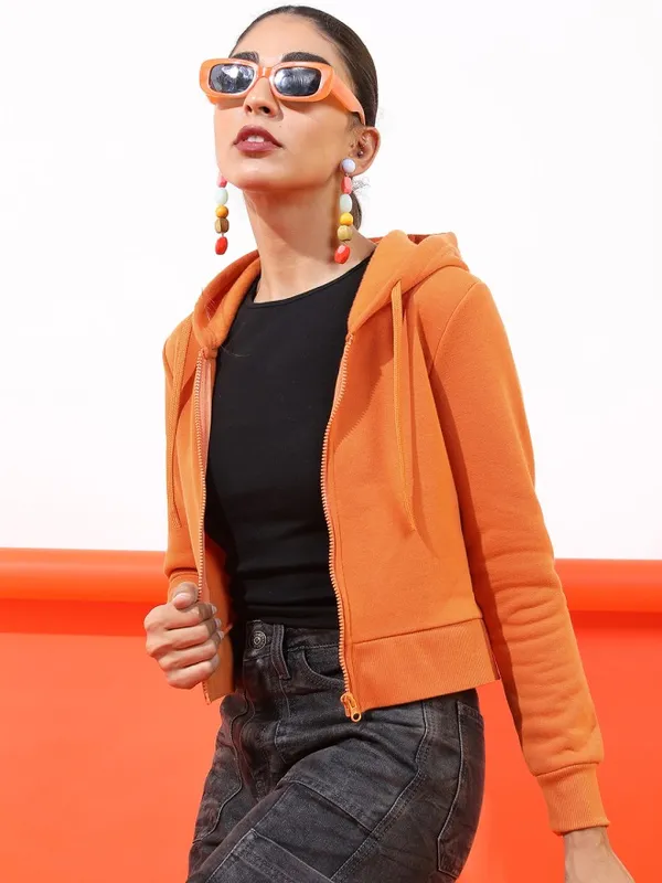 Tokyo Talkies Women Rust Hooded Sweatshirt