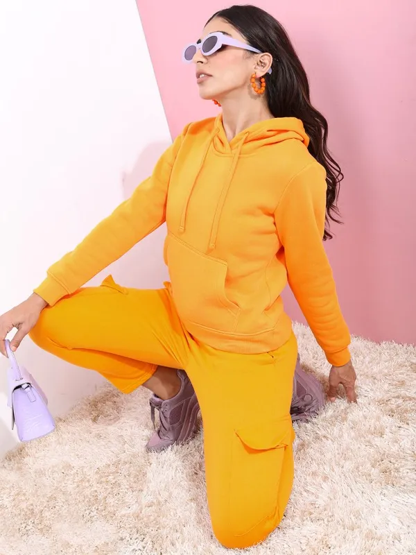 Tokyo Talkies Women Orange Solid Pullover Hood Sweatshirt