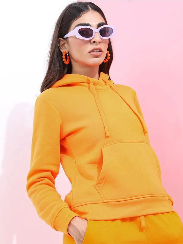 Tokyo Talkies Women Orange Solid Pullover Hood Sweatshirt