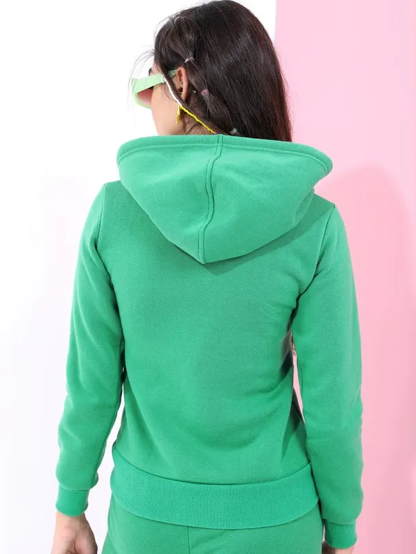 Tokyo Talkies Women Green Solid Front Open Hood Sweatshirt