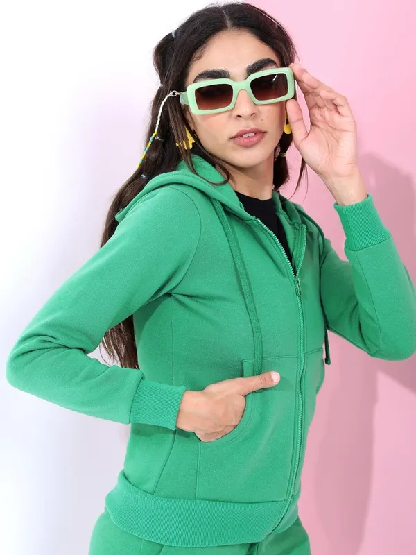 Tokyo Talkies Women Green Solid Front Open Hood Sweatshirt