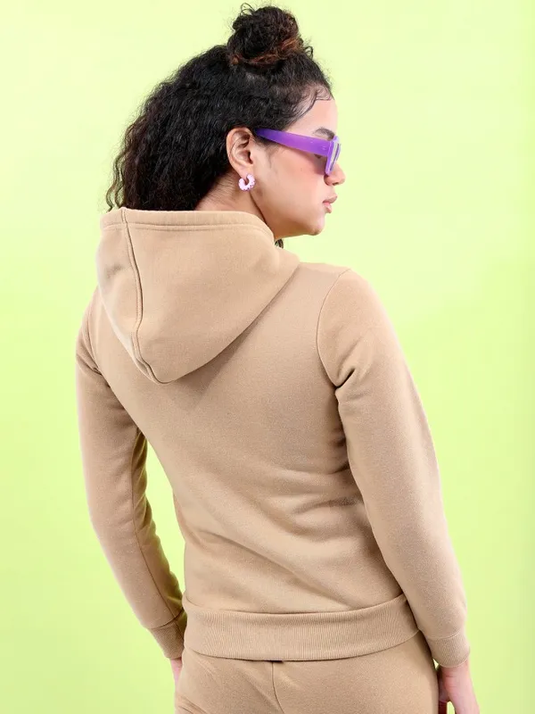 Tokyo Talkies Women Khaki Hooded Sweatshirt
