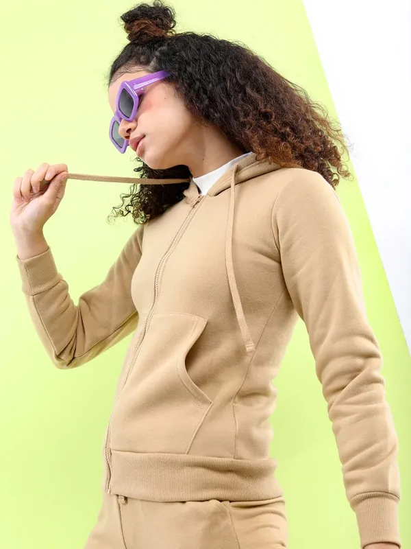 Tokyo Talkies Women Khaki Hooded Sweatshirt