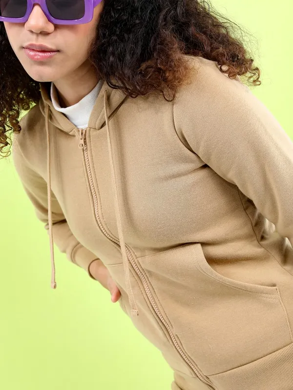 Tokyo Talkies Women Khaki Hooded Sweatshirt