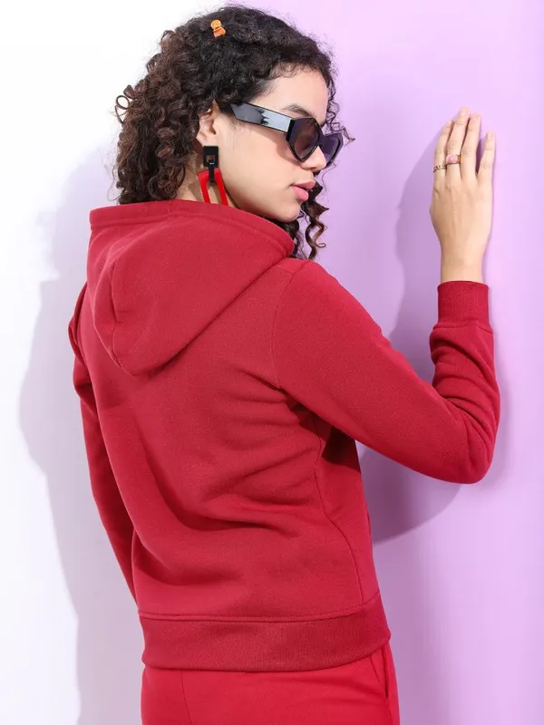 Tokyo Talkies Women Maroon Solid Pullover Hood Sweatshirt