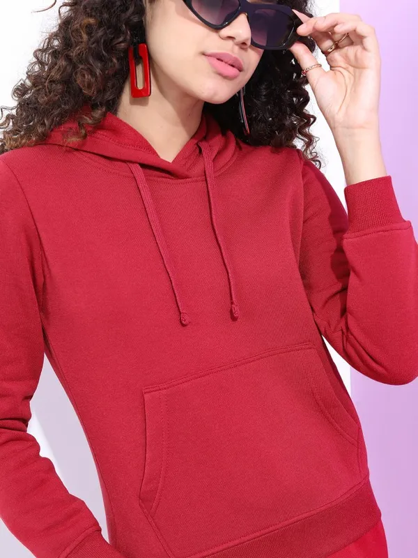 Tokyo Talkies Women Maroon Solid Pullover Hood Sweatshirt