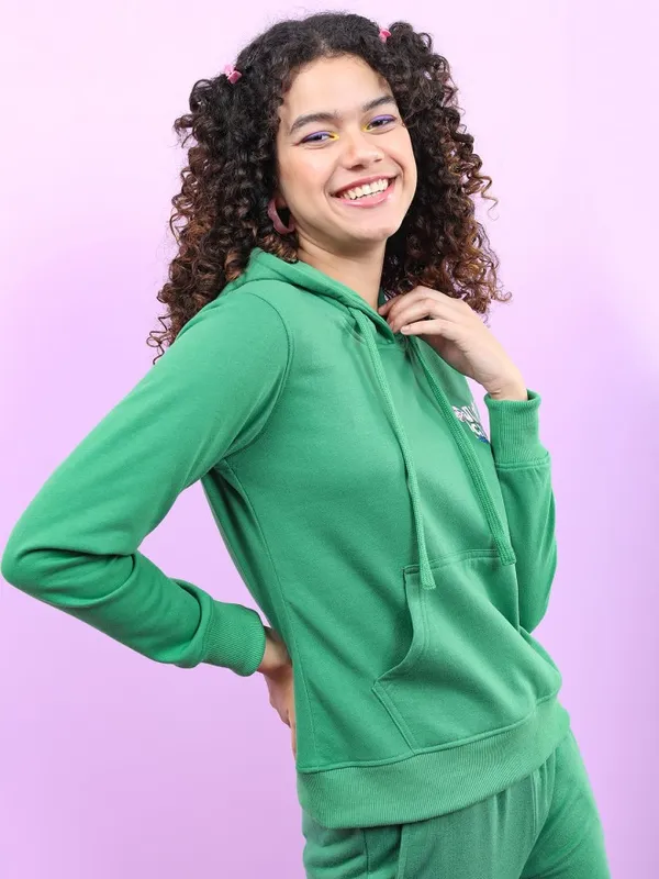 Tokyo Talkies Women Green Solid Pullover Hood Sweatshirt
