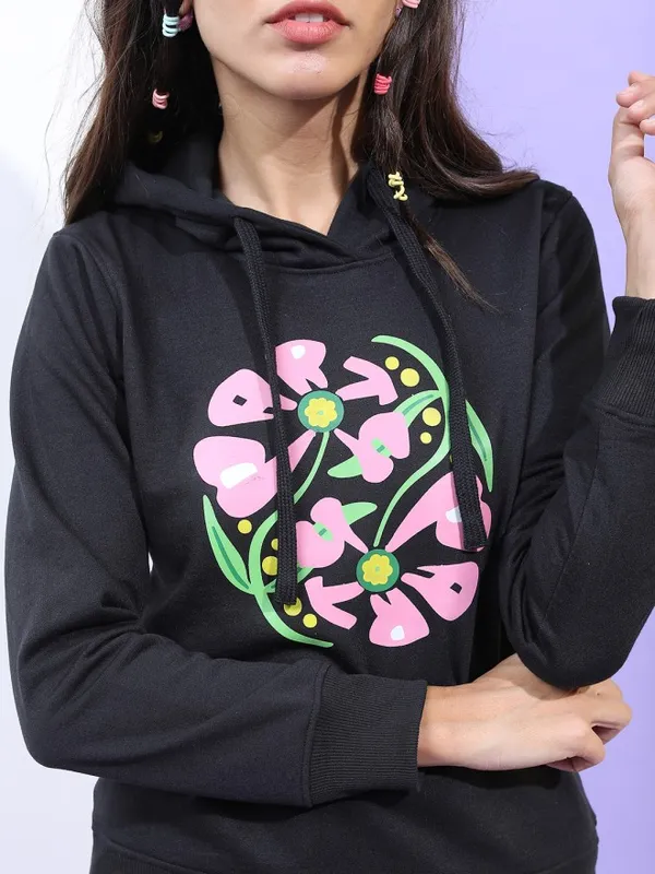 Tokyo Talkies Women Black Printed Pullover Hood Sweatshirt