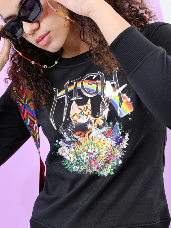 Tokyo Talkies Women Black Printed Pullover Round Neck Sweatshirt