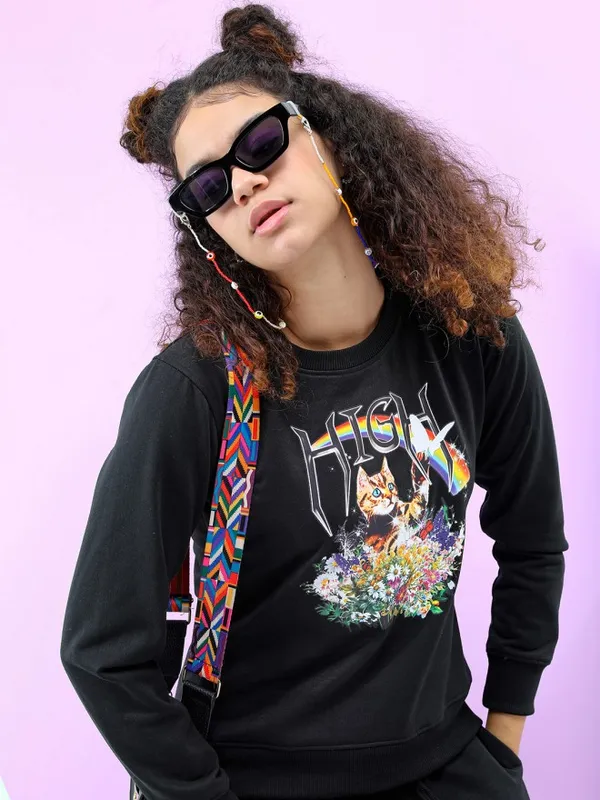 Tokyo Talkies Women Black Printed Pullover Round Neck Sweatshirt