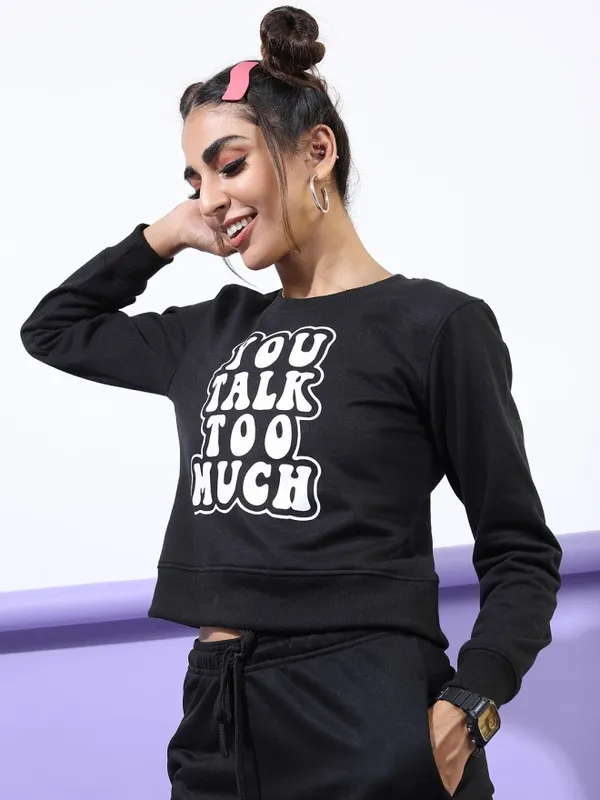 Tokyo Talkies Women Black Printed Pullover Round Neck Sweatshirt
