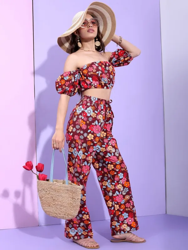 Tokyo Talkies Women Maroon Top With Trousers Co-Ords