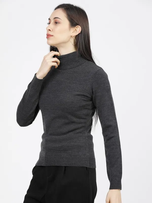 Tokyo Talkies Women Grey Turtle Neck Sweater