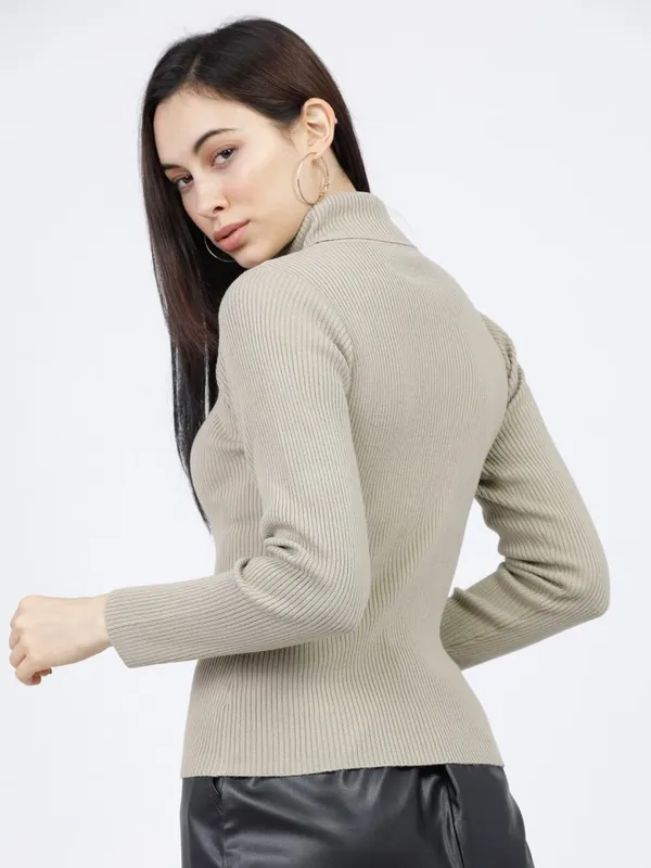 Tokyo Talkies Women Beige Turtle Neck Sweaters