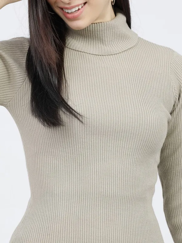 Tokyo Talkies Women Beige Turtle Neck Sweaters