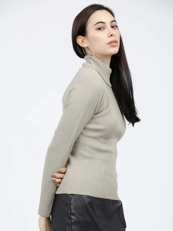 Tokyo Talkies Women Beige Turtle Neck Sweaters
