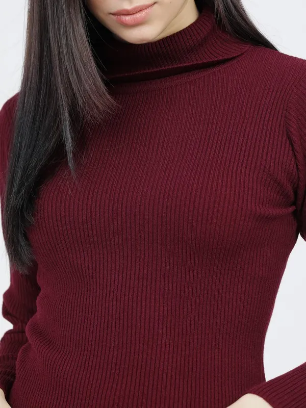 Tokyo Talkies Women Burgundy Turtle Neck Sweater