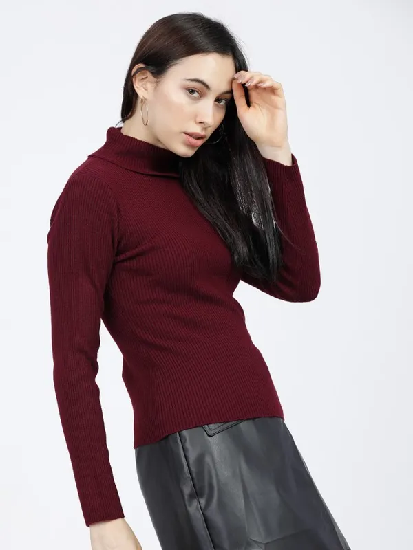 Tokyo Talkies Women Burgundy Turtle Neck Sweater