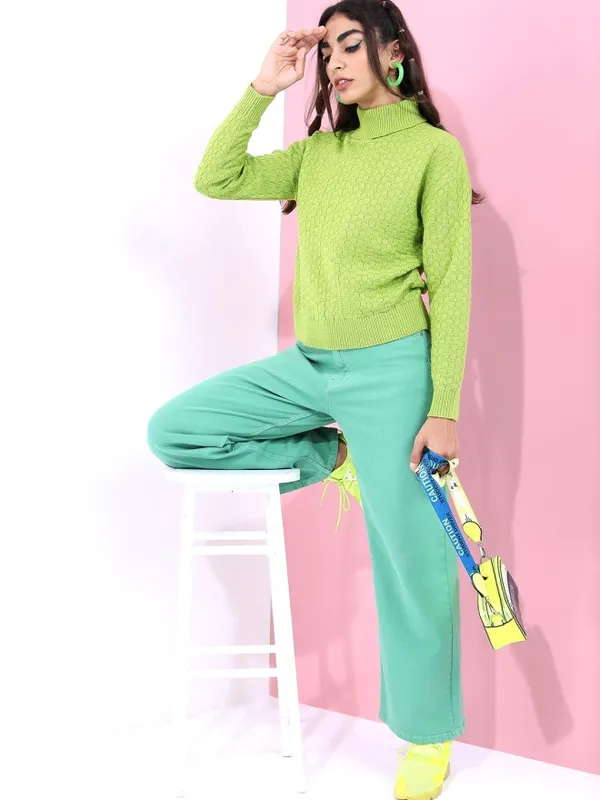 Tokyo Talkies Women Green Round Neck Sweater