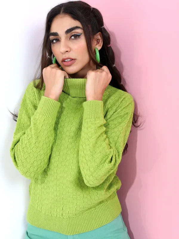 Tokyo Talkies Women Green Round Neck Sweater