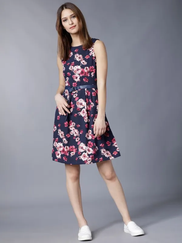 Tokyo Talkies Women Navy Blue Printed Fit and Flare Dress