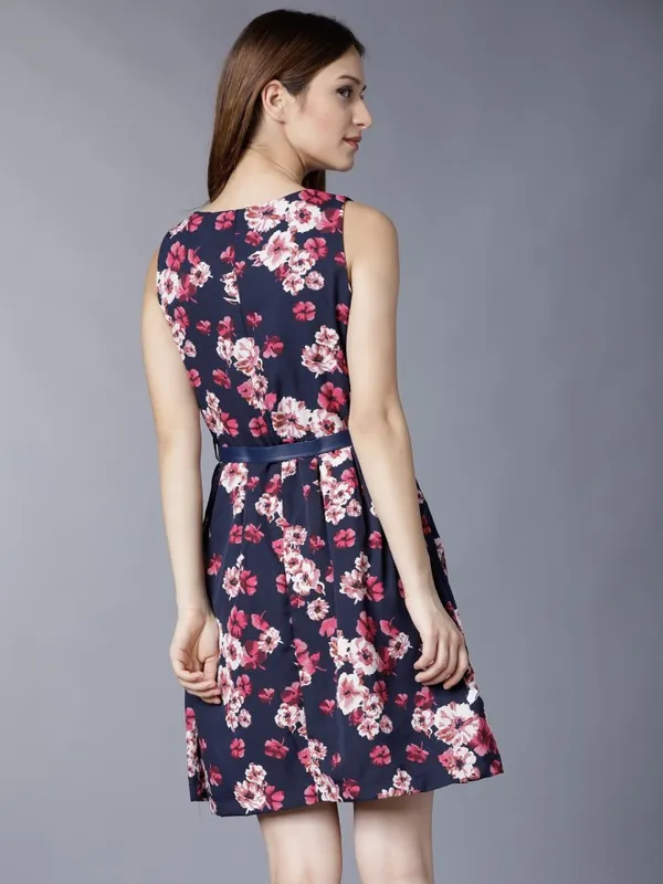 Tokyo Talkies Women Navy Blue Printed Fit and Flare Dress