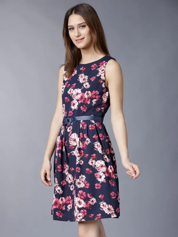 Tokyo Talkies Women Navy Blue Printed Fit and Flare Dress