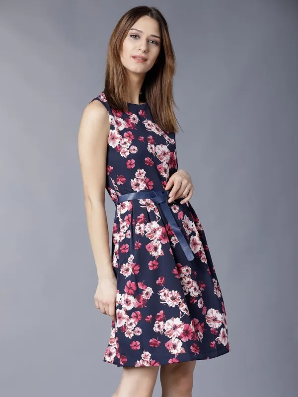 Tokyo Talkies Women Navy Blue Printed Fit and Flare Dress