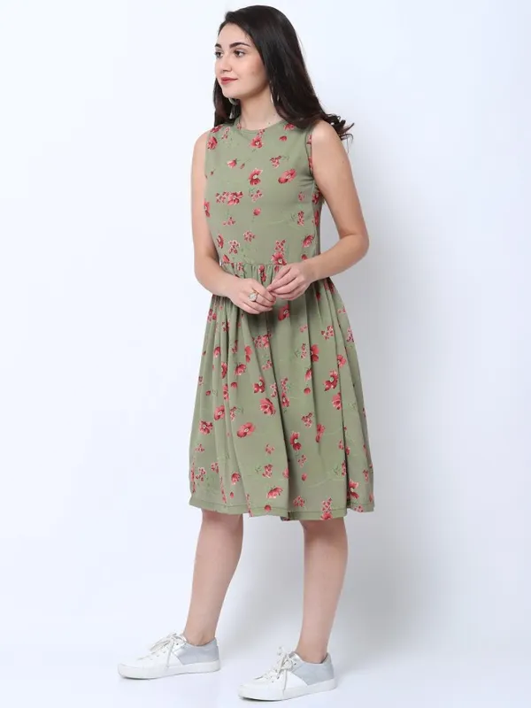 Tokyo Talkies Women  Olive Printed Fit and Flare Dress