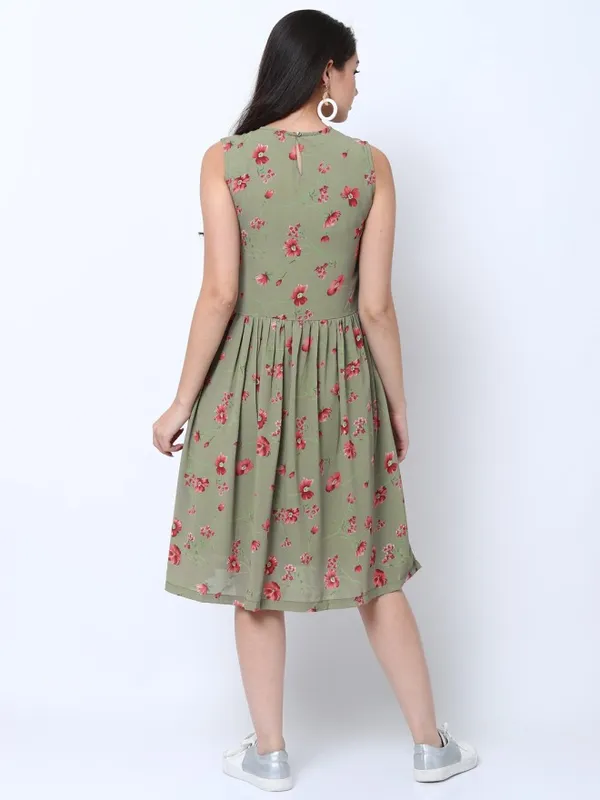 Tokyo Talkies Women  Olive Printed Fit and Flare Dress