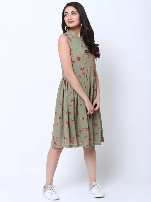 Tokyo Talkies Women  Olive Printed Fit and Flare Dress