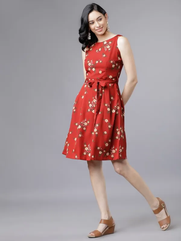 Tokyo Talkies Women Rust Printed Fit and Flare Dress