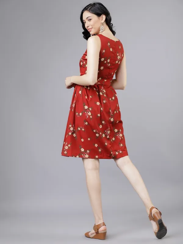 Tokyo Talkies Women Rust Printed Fit and Flare Dress