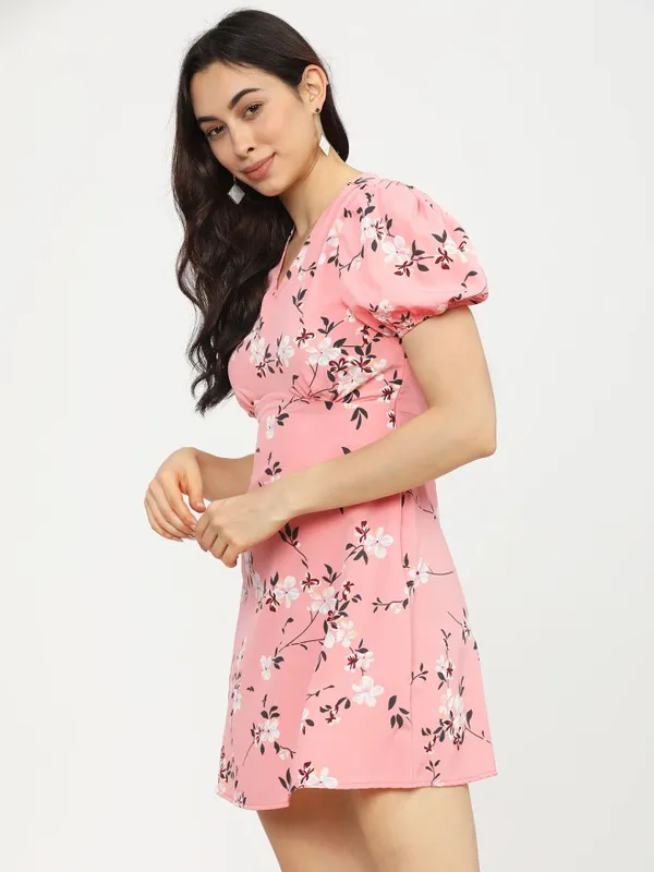 Tokyo Talkies Women Coral Printed Fit and Flare Dress