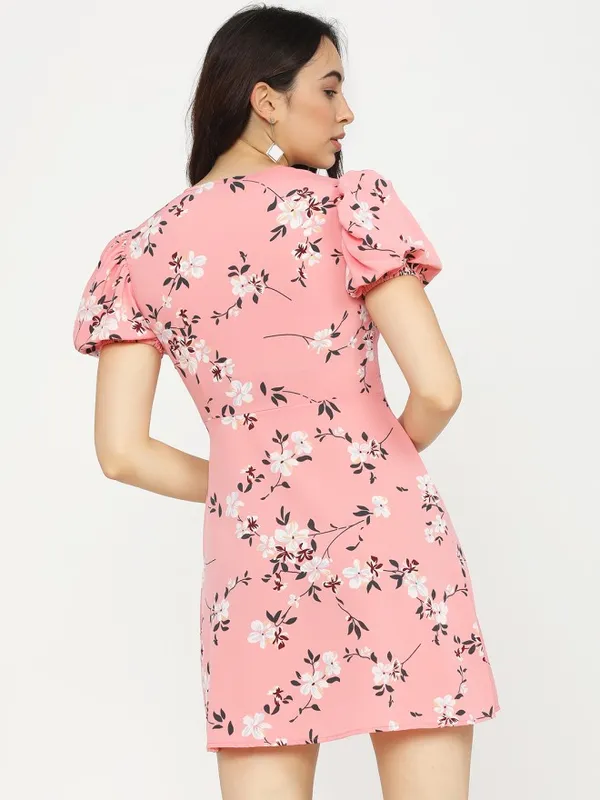 Tokyo Talkies Women Coral Printed Fit and Flare Dress