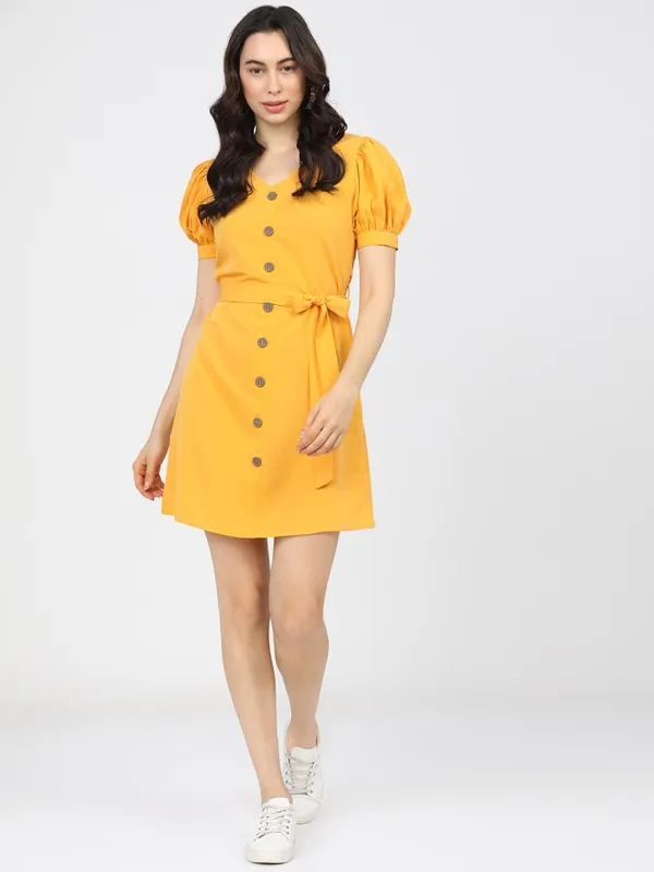 Tokyo Talkies Women Mustard Solid A-Line Dress