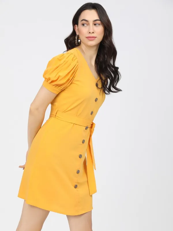 Tokyo Talkies Women Mustard Solid A-Line Dress